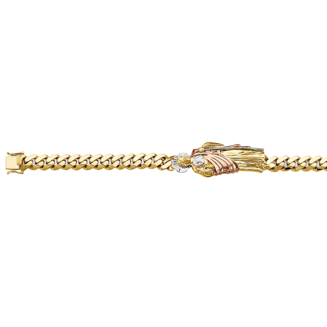 Cuban Link San Judas ID Bracelet - 14k Tri Color Gold 