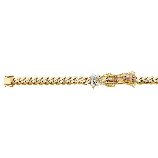 Cuban Link Santa Muerte ID Bracelet - 14k Tri Color Gold