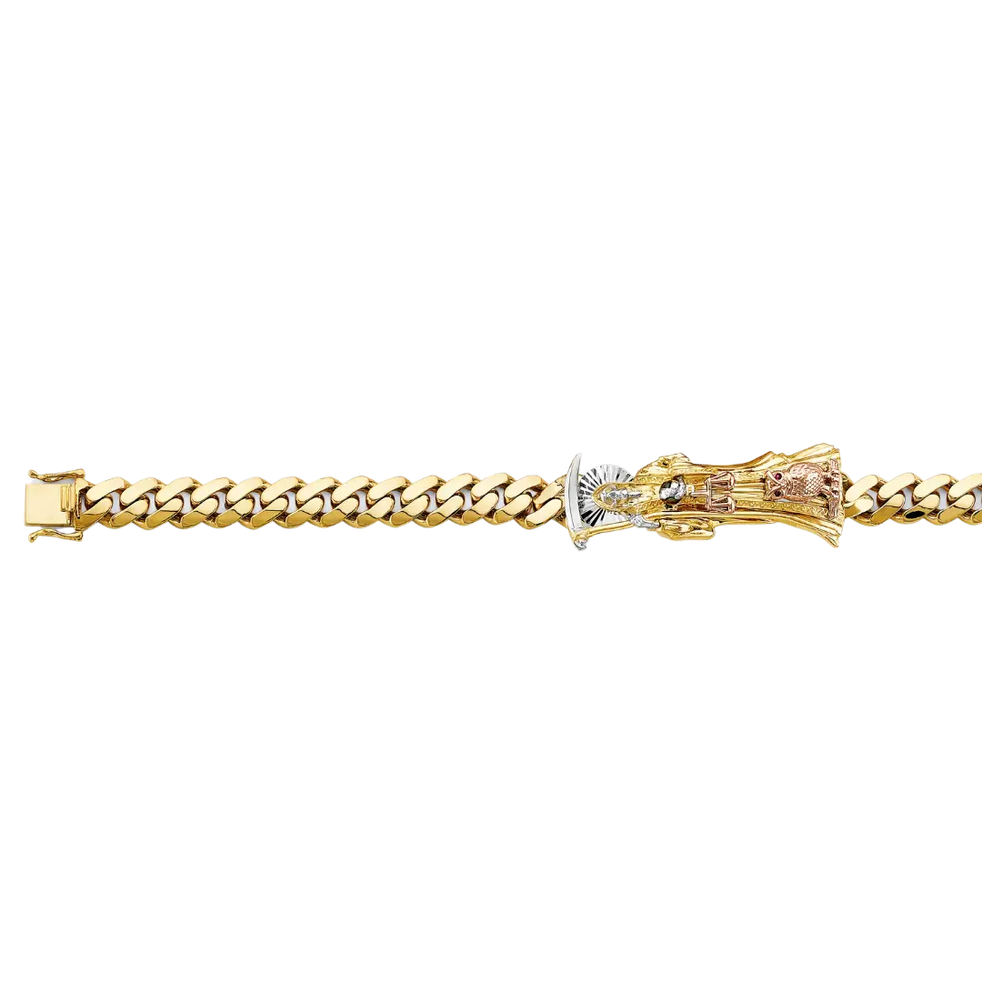 Cuban Link Santa Muerte ID Bracelet - 14k Tri Color Gold