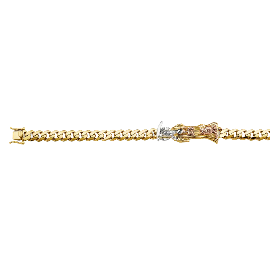 Cuban Link Santa Muerte ID Bracelet - 14k Tri Color Gold