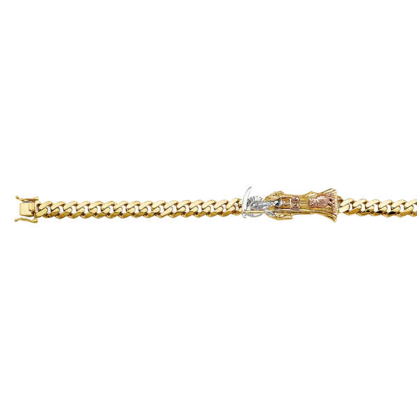 Cuban Link Santa Muerte ID Bracelet - 14k Tri Color Gold