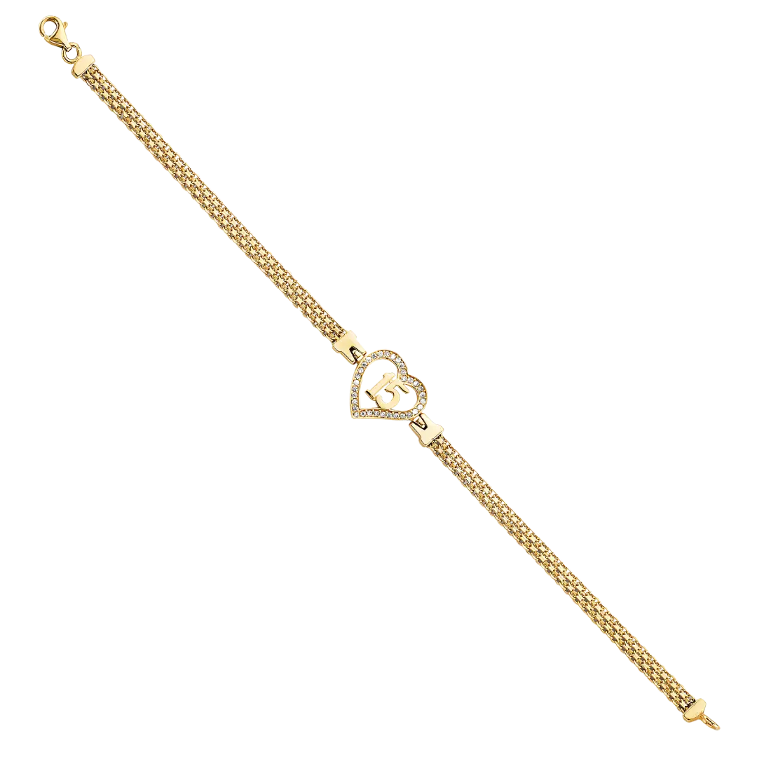 Quince Anos CZ Heart Bracelet - 14k Two Tone Gold