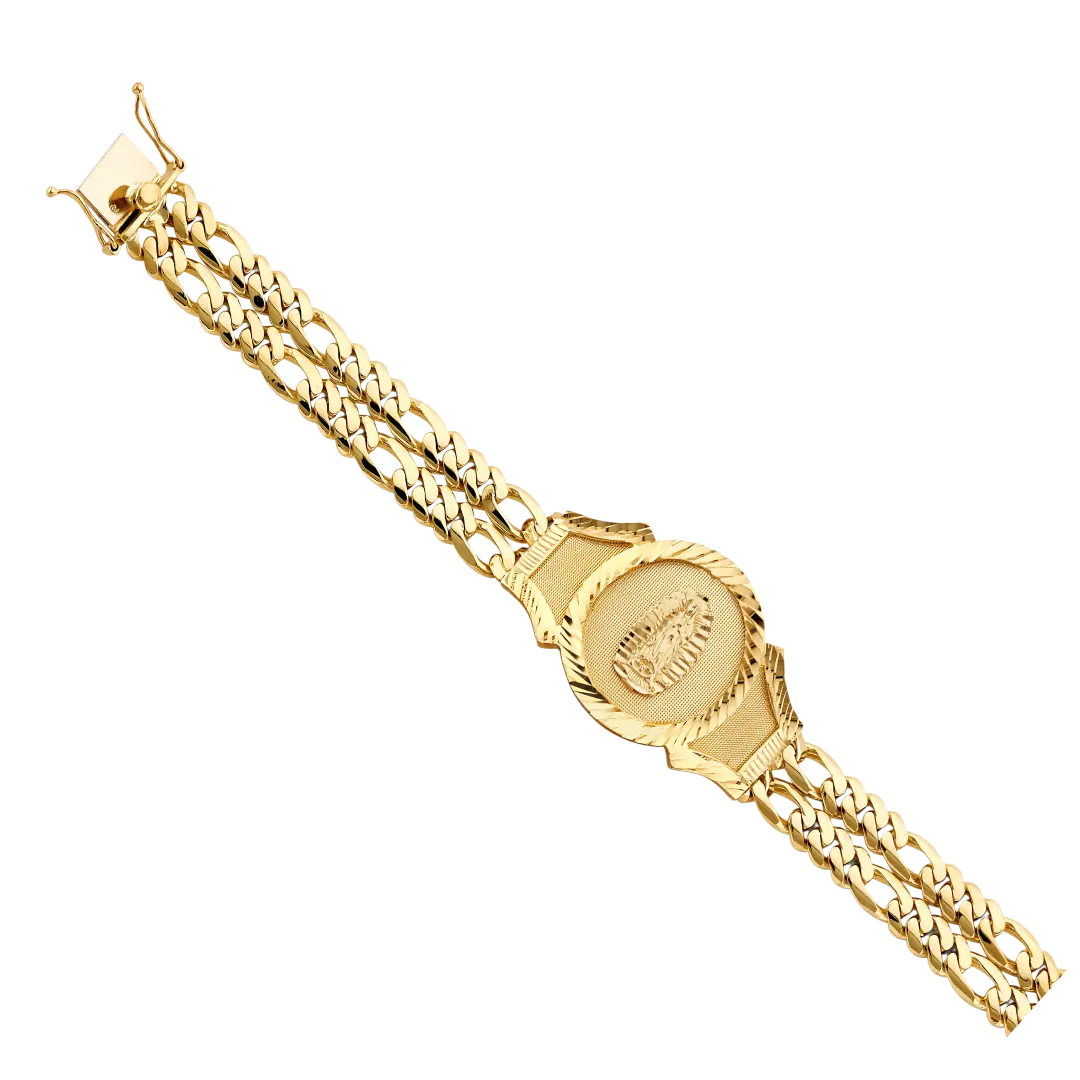 2 Line Figaro Guadalupe Frame ID Bracelet - 14k Yellow Gold