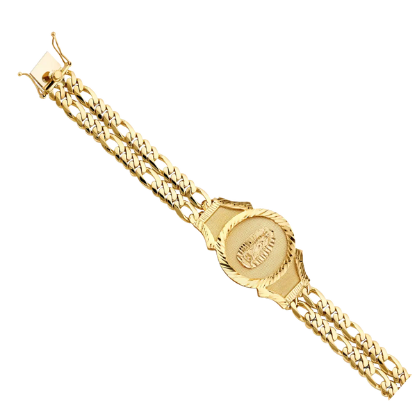 2 Line Figaro Guadalupe Frame ID Bracelet - 14k Yellow Gold