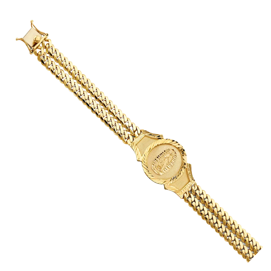 2 Line Cuban Guadalupe Frame ID Bracelet - 14k Yellow Gold