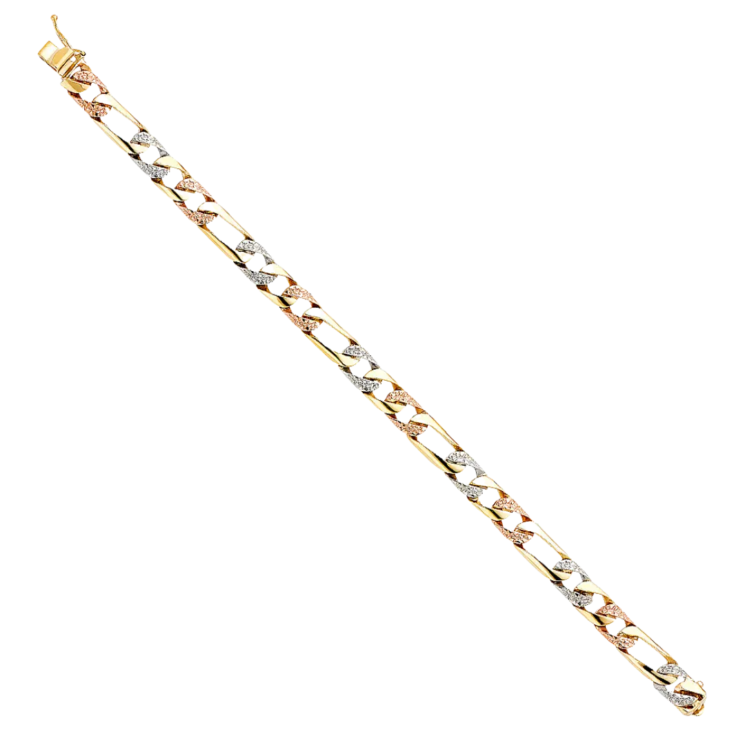 Nugget Figaro Link Bracelet - 14k Tri Color Gold