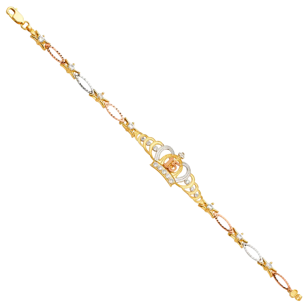 Quince Anos Crown CZ Bracelet - 14k Tri Color Gold