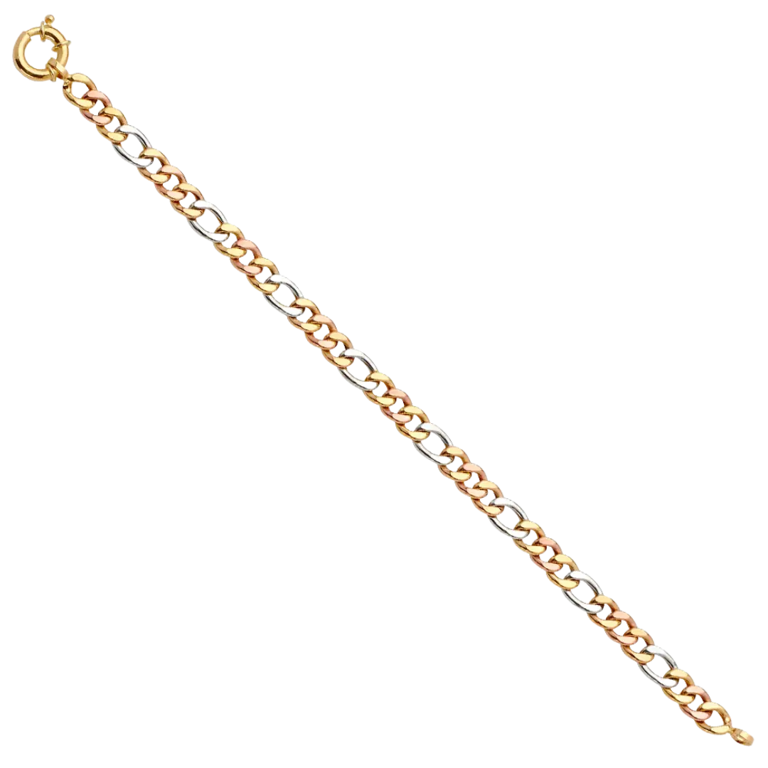 Fancy Hollow Figaro Bracelet - 14k Tri Color Gold