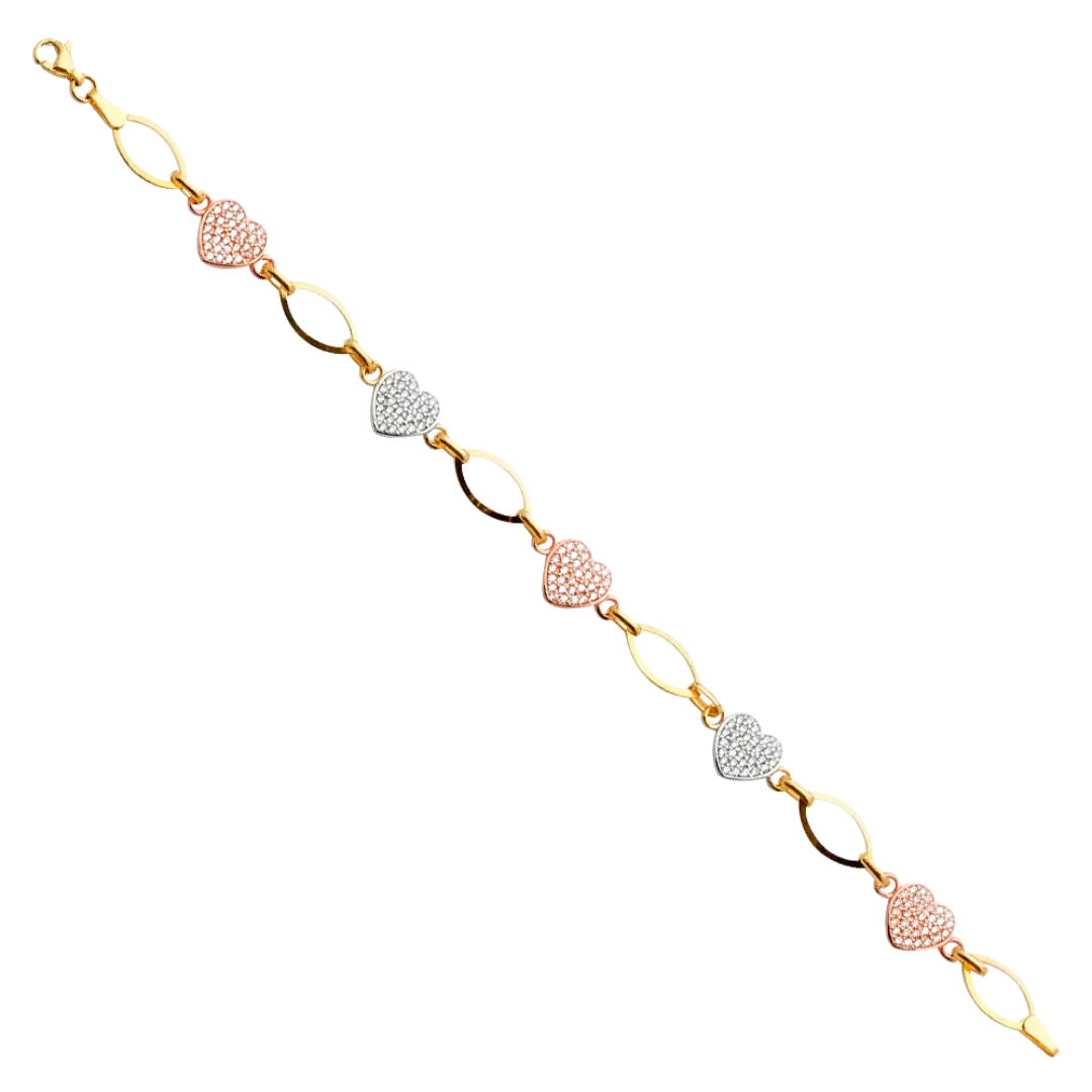 Fancy CZ Heart Bracelet - 14k Yellow Gold