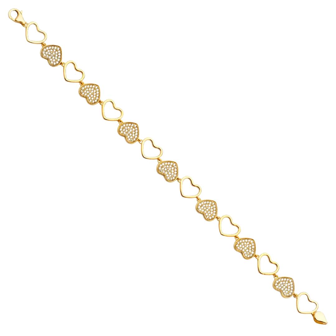 Fancy CZ Heart Bracelet - 14k Yellow Gold