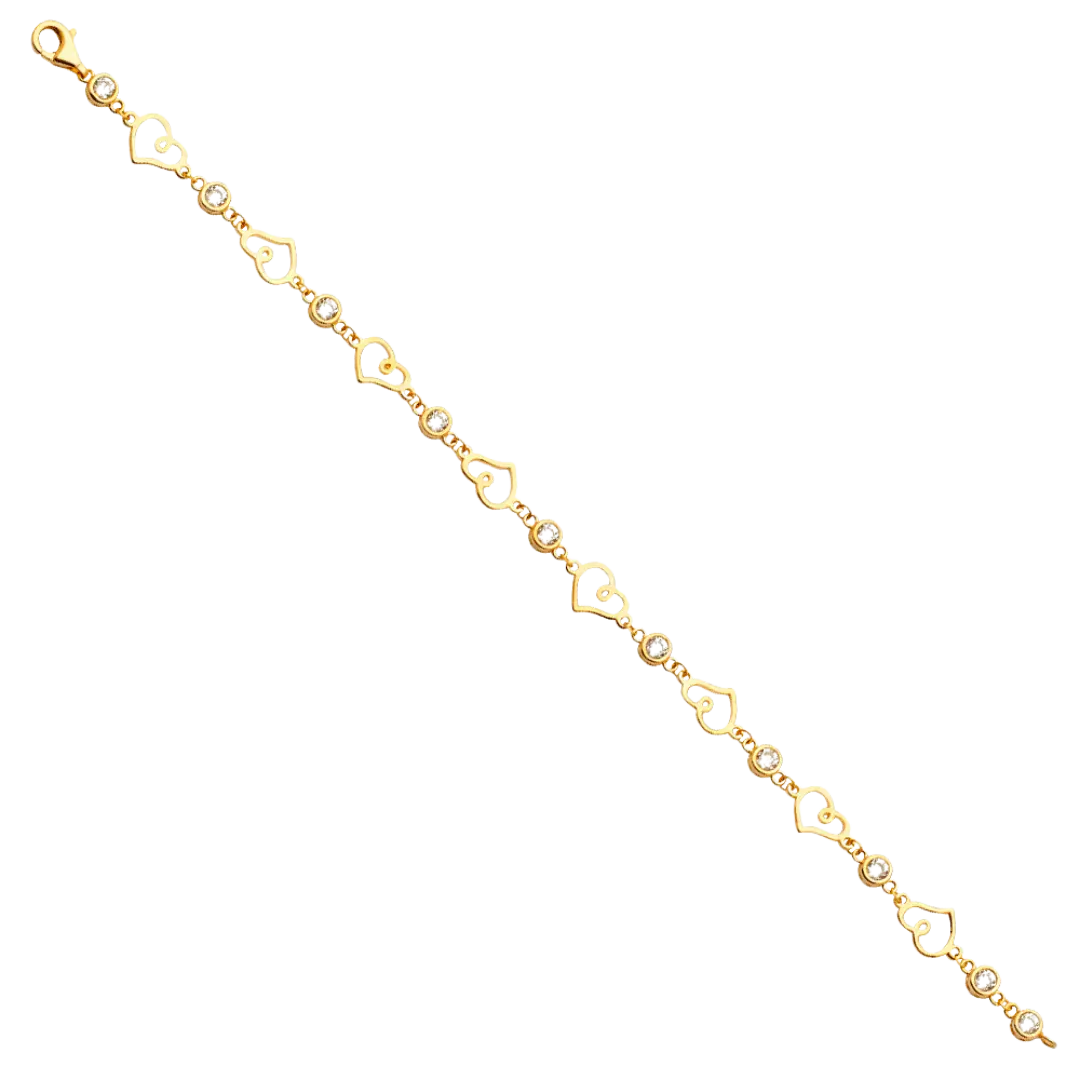 Fancy CZ Heart Bracelet - 14k Yellow Gold