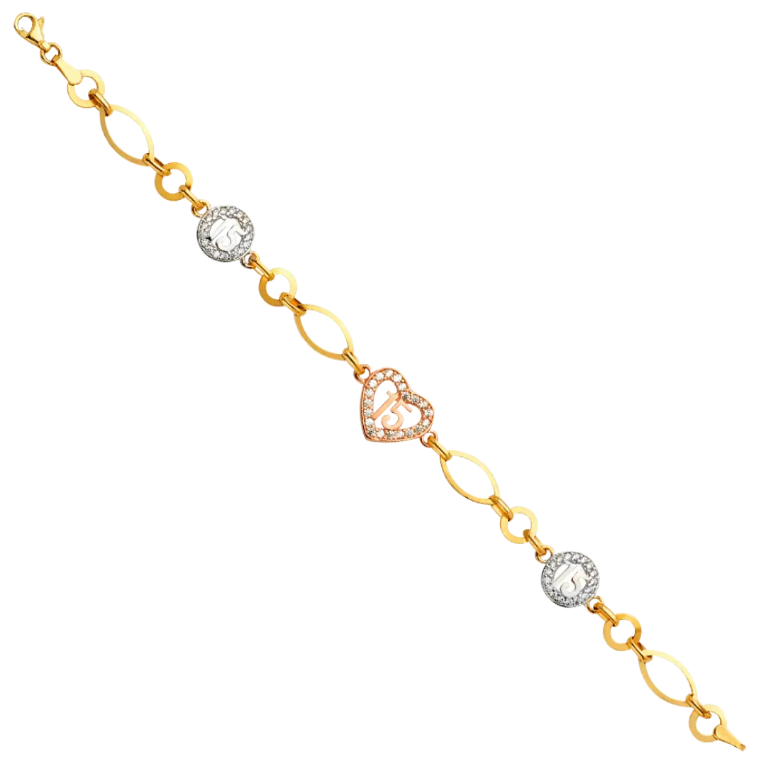 Quince Anos CZ Bracelet - 14k Tri Color Gold