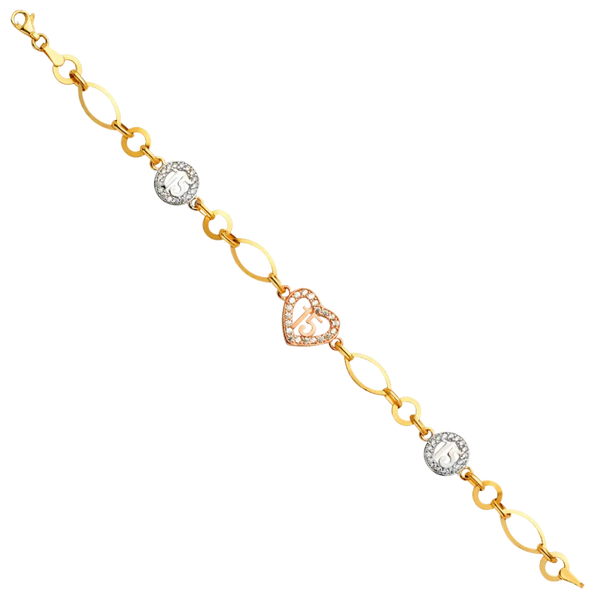 Quince Anos CZ Bracelet - 14k Tri Color Gold