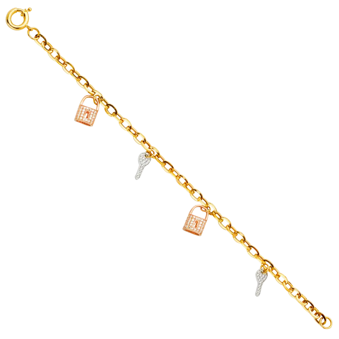 Key & Lock CZ Bracelet - 14k Tri Color Gold