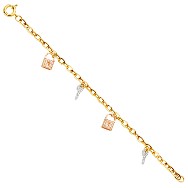 Key & Lock CZ Bracelet - 14k Tri Color Gold