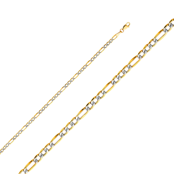 Bevelled Figaro White Pave Chain - 14k Yellow Gold 3mm