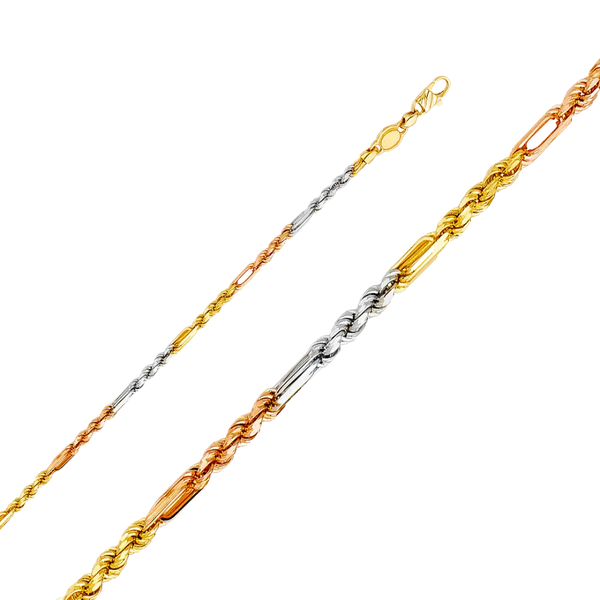 Solid Figarope Chain - 14k Tri Color Gold 3mm