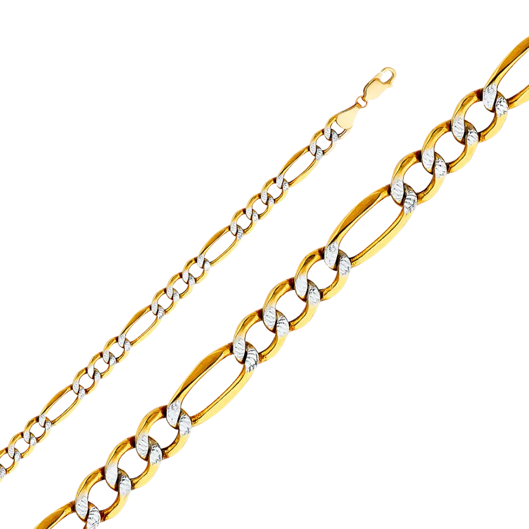 Bevelled Figaro White Pave Chain - 14k Yellow Gold 6.5mm