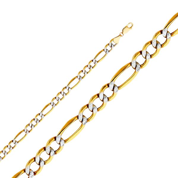 Bevelled Figaro White Pave Chain - 14k Yellow Gold 6.5mm