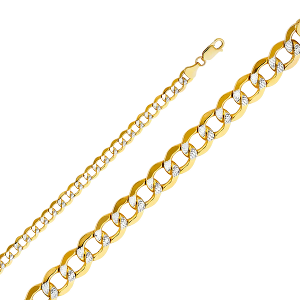 Hollow Bevelled Curb White Pave Chain - 14k Yellow Gold 6.7mm