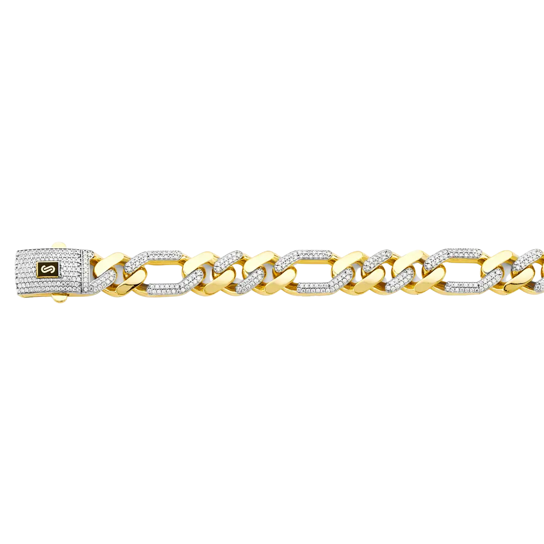 Hollow Figaro Monaco With CZ Link Chain - 14k Yellow Gold 13.5mm