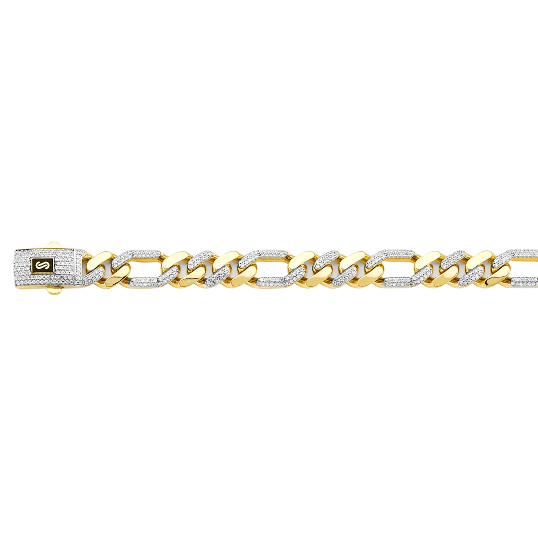 Hollow Figaro Monaco With CZ Link Chain - 14k Yellow Gold 11.5mm