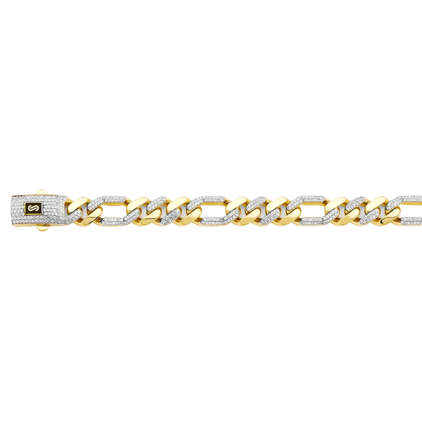 Hollow Figaro Monaco With CZ Link Chain - 14k Yellow Gold 11.5mm