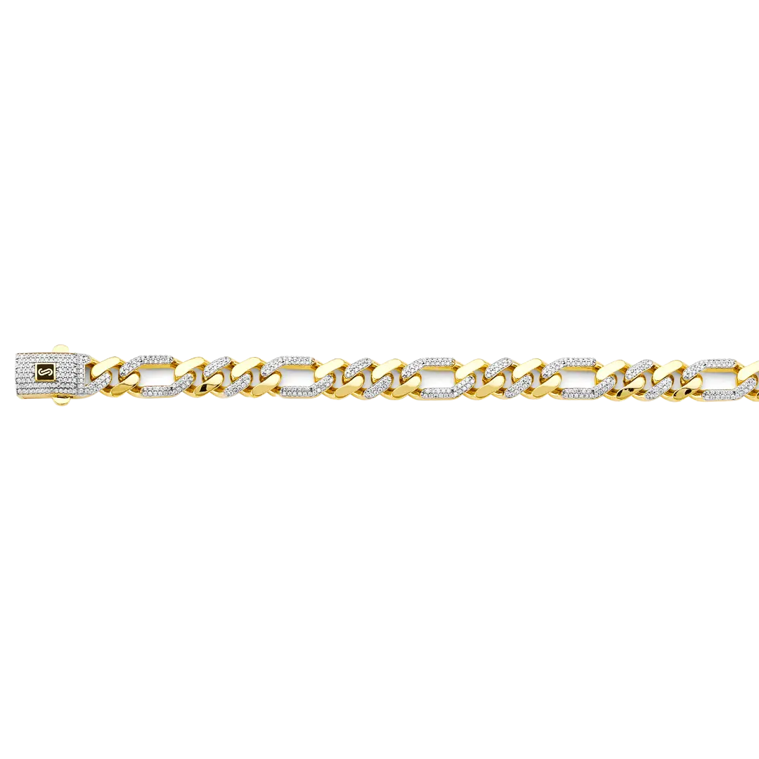 Hollow Figaro Monaco With CZ Link Chain - 14k Yellow Gold 9.5mm