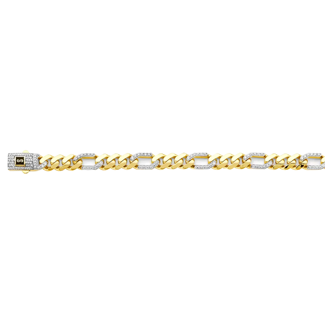 Hollow Figaro Monaco With CZ Link Chain - 14k Yellow Gold 8mm