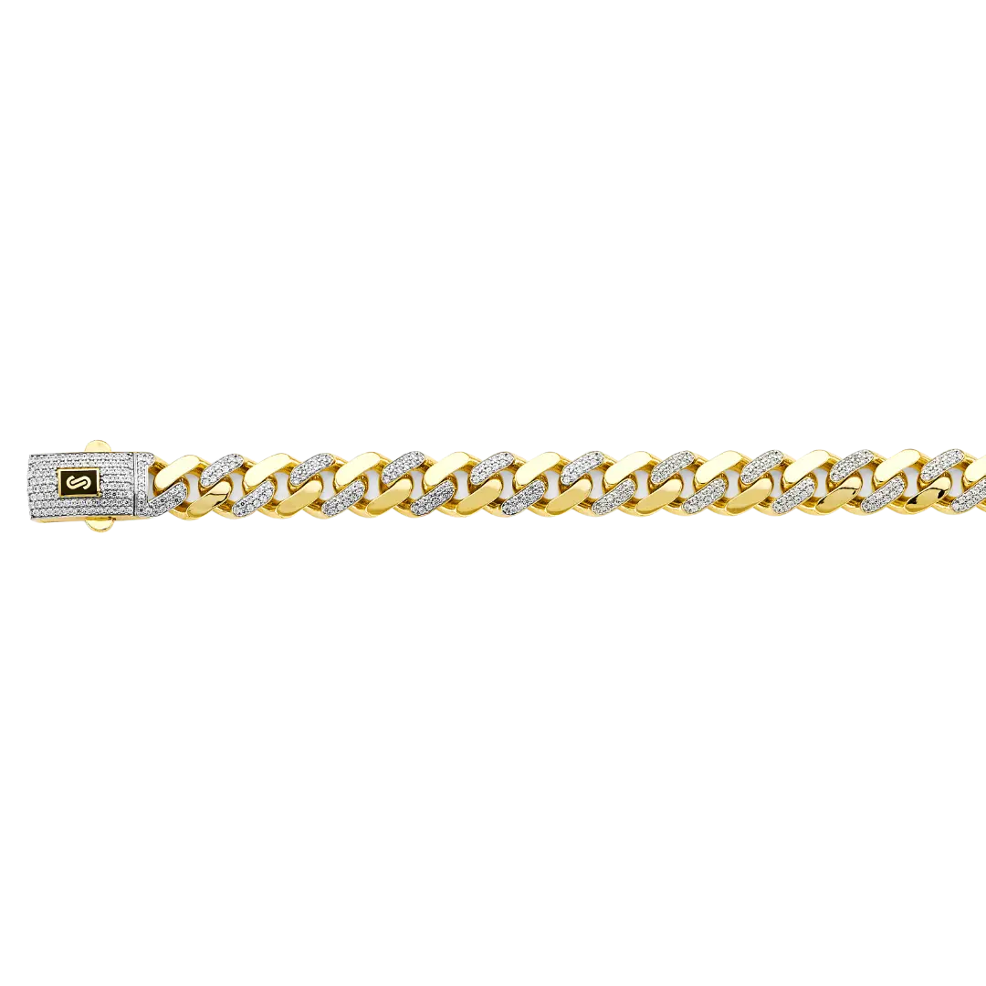 Hollow Curb Monaco With CZ Link Chain - 14k Yellow Gold 11.5mm