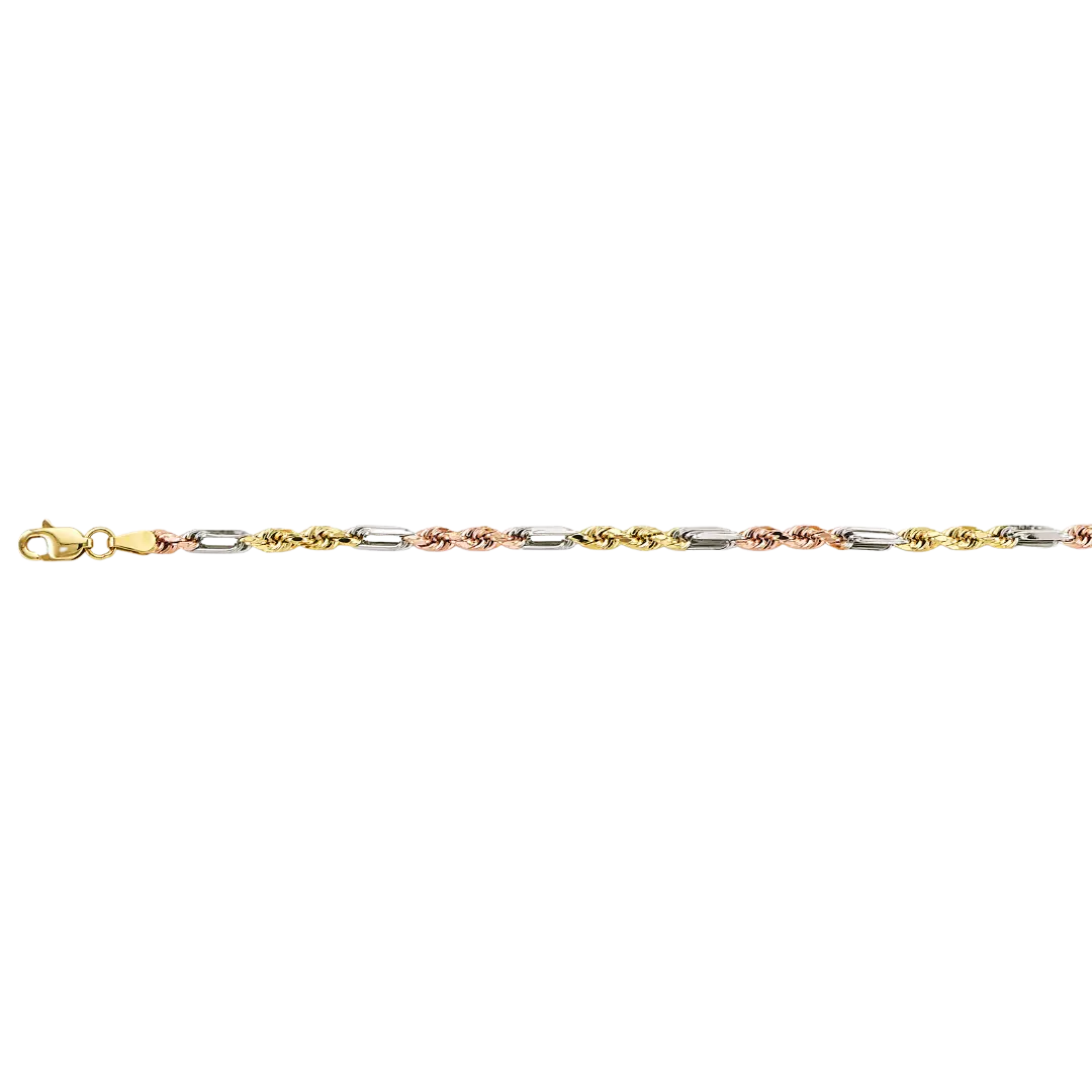 Hollow Figarope Chain - 14k Tri Color Gold 2.8mm