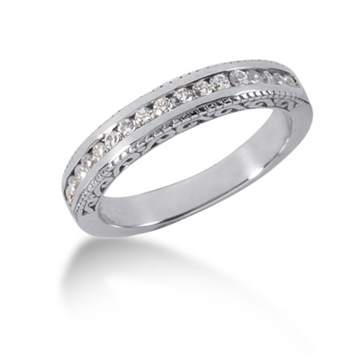 Vintage Style Engraved Diamond Channel Set Wedding Ring Band - 14k White Gold