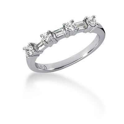 Seven Diamond Wedding Ring Band with Round and Baguette Diamonds - 14k White Gold