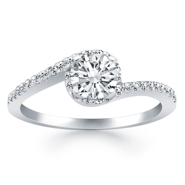Bypass Swirl Diamond Halo Engagement Ring - 14k White Gold