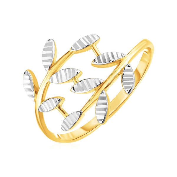 Crossover Ring with Textured Leaves - 14k Two Tone Gold