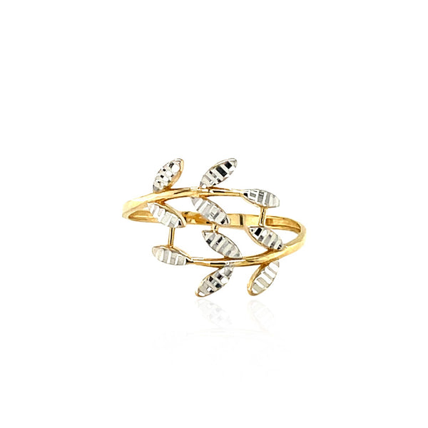 Crossover Ring with Textured Leaves - 14k Two Tone Gold