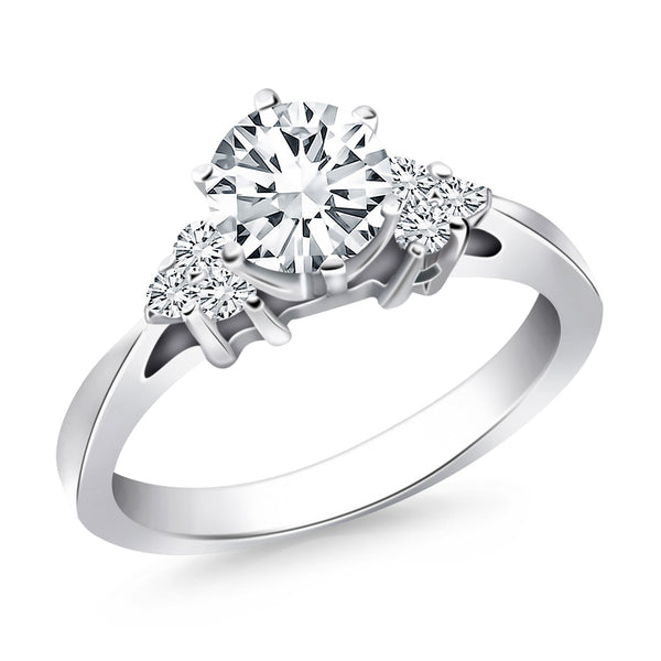 Cathedral Engagement Ring with Side Diamond Clusters - 14k White Gold