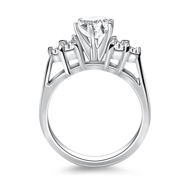 Cathedral Engagement Ring with Side Diamond Clusters - 14k White Gold