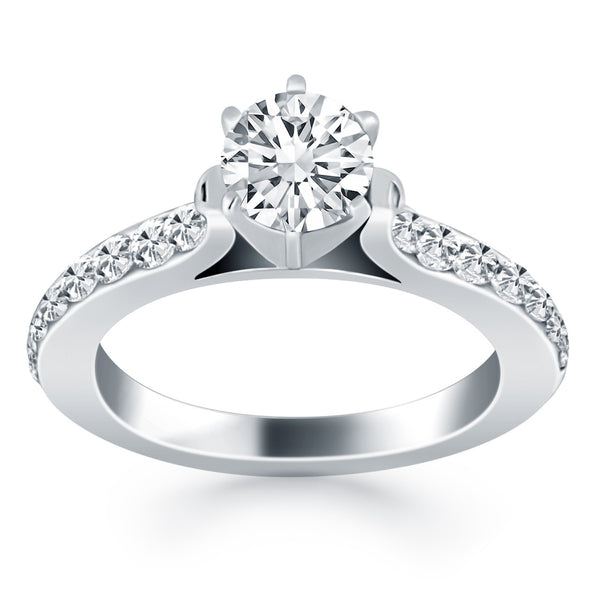 Curved Shank Engagement Ring with Pave Diamonds - 14k White Gold