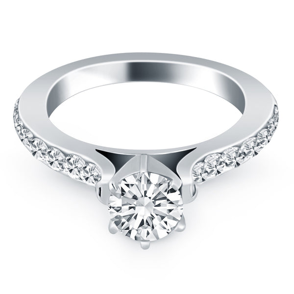 Curved Shank Engagement Ring with Pave Diamonds - 14k White Gold
