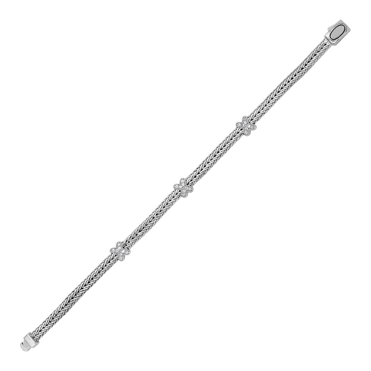 Woven Rope Bracelet with White Sapphire X Accents - Sterling Silver 2.00mm