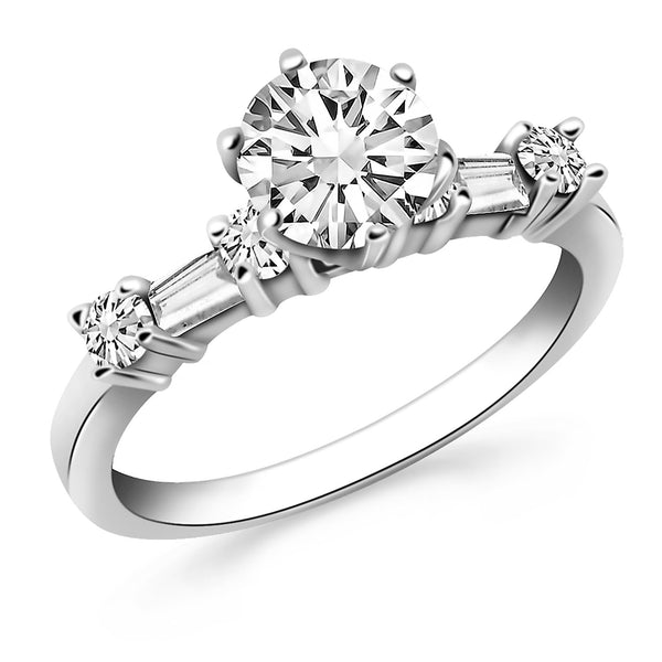 Engagement Ring with Round and Baguette Diamonds - 14k White Gold