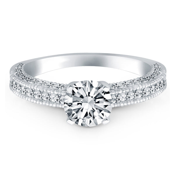 Diamond Micropave Milgrain Engagement Ring - 14k White Gold