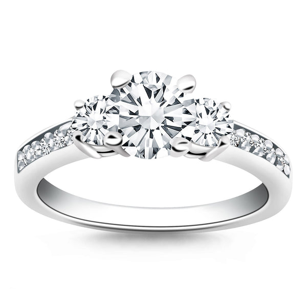 Three Stone Engagement Ring with Diamond Band - 14k White Gold