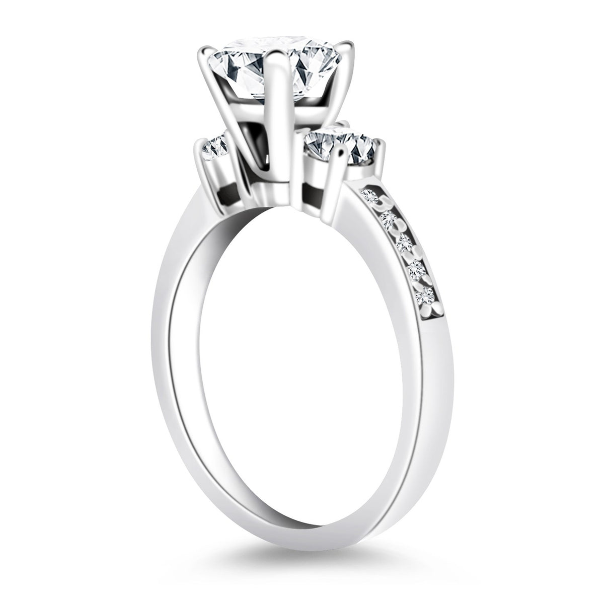 Three Stone Engagement Ring with Diamond Band - 14k White Gold