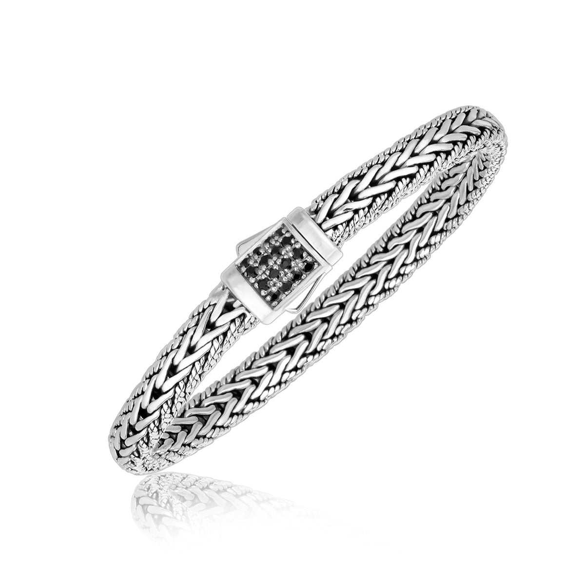 Braided Style Mens Bracelet with Black Sapphire Accents - Sterling Silver 1.70mm