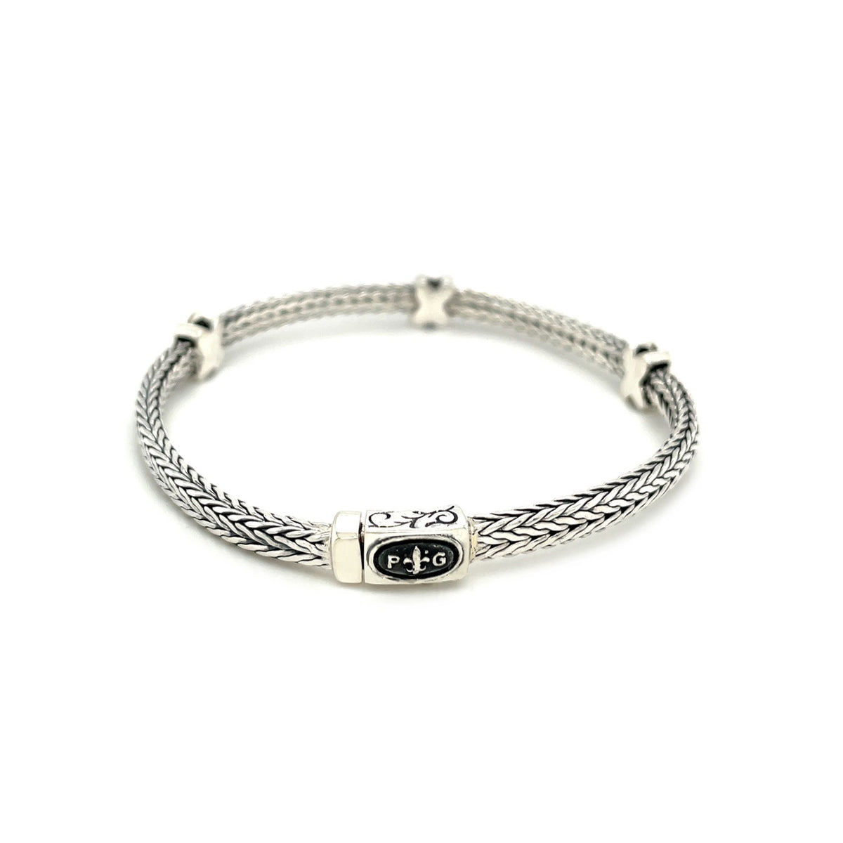 Woven Rope Bracelet with Black Sapphire X Accents - Sterling Silver
