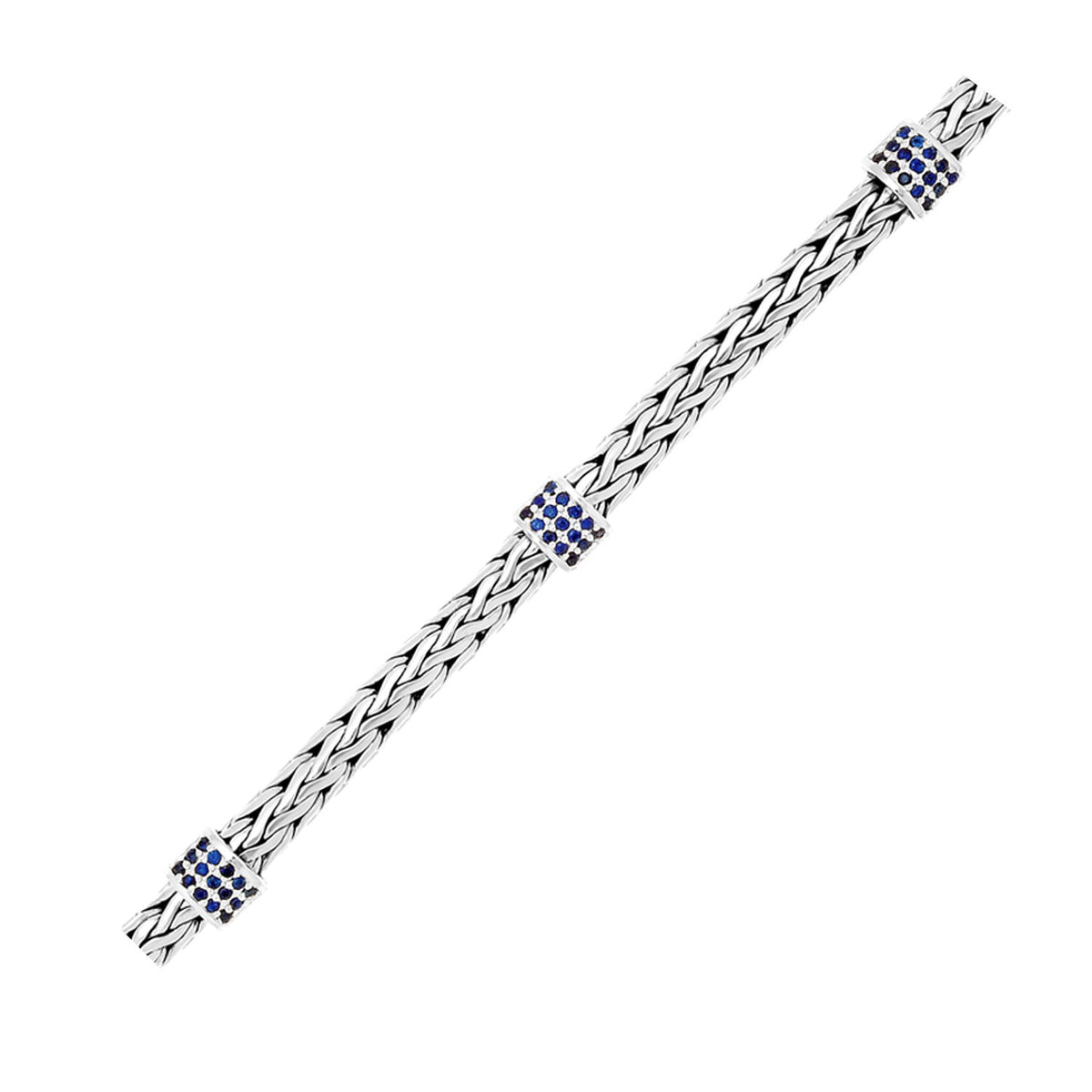 Woven Bracelet with Blue Sapphire Stations - Sterling Silver 6.35mm