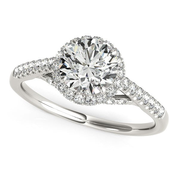 Round Cut Pave Set Shank Diamond Engagement Ring 1 3/8 ct tw - 14k White Gold
