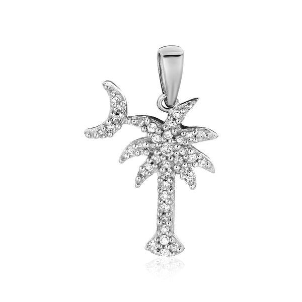 Palm Tree and Crescent Moon Pendant with Cubic Zirconia's - Sterling Silver